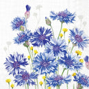 Et billede af en serviet, hvor man kan se nogle blå, lilla, og gule blomster, på en hvid baggrund. 