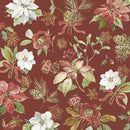 Et billede af en serviet, med hvide og røde blomster, grankogler, og andre juleplanter, med røde sløjfer og på en rød baggrund. 