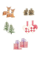 Viruslisering af de gavemærker der er i pakken med Christmas tree mix. Der er et med en rådyr der ligger ned, et med en grankogle, et med et juletræ, et med et julehjerte og et med en gave på.