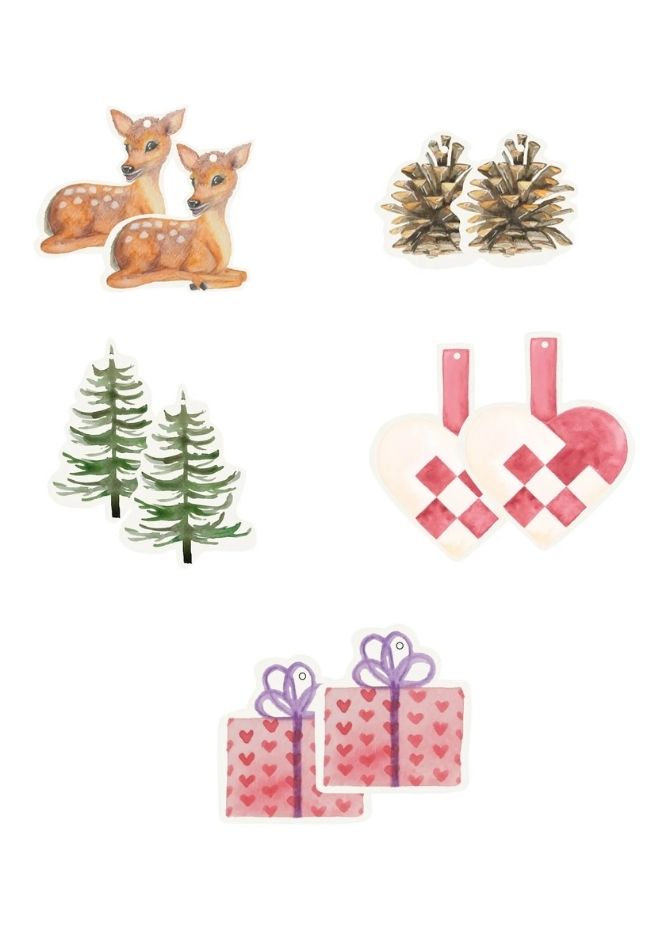 Viruslisering af de gavemærker der er i pakken med Christmas tree mix. Der er et med en rådyr der ligger ned, et med en grankogle, et med et juletræ, et med et julehjerte og et med en gave på.