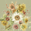 Et billede af en serviet med vilde blomster i både gule og rødlige farver, på en grøn baggrund. 