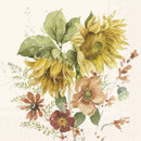 Et billede af en serviet, med en buket af vilde blomster i både gule og rødlige farver. 