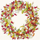 Et billede af en serviet, med en krans af blade og blomsterknopper på. 