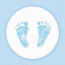 Frokostservietter i blå og hvid, der egner sig perfekt til en barnedåb, eller baby shower. Motivet forestiller små babyfusser 