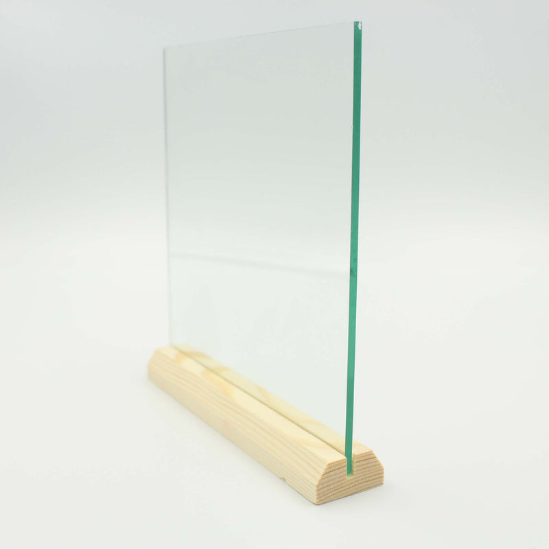 Menukort, Glasplade med Træfod, 15,5x15,5 cm.