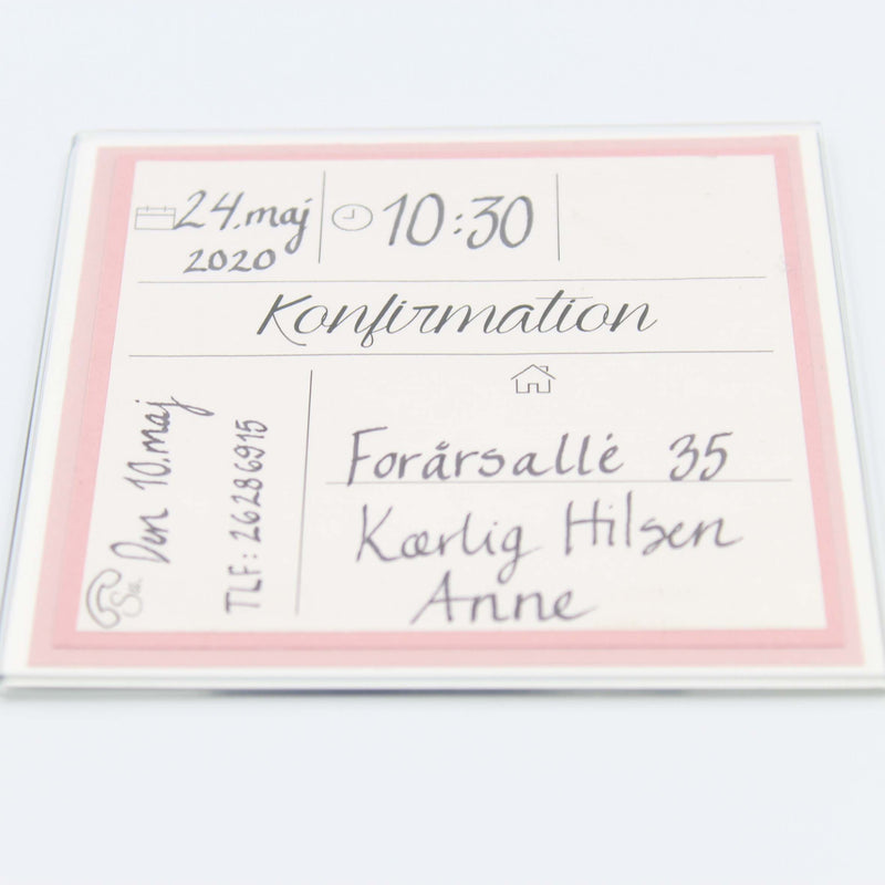 Invitation til konfirmation med magnet 10,5 x 10,5 cm, rosa