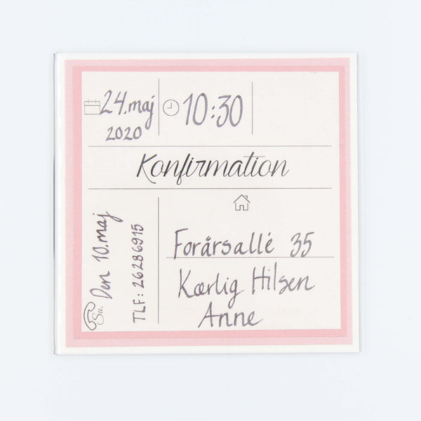 Invitation til konfirmation med magnet 10,5 x 10,5 cm, rosa